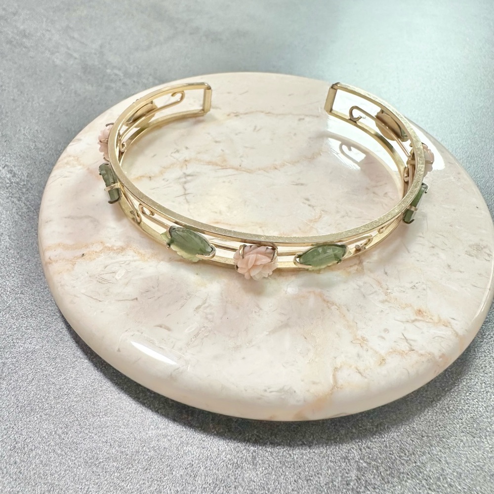 Vintage Krementz Gold filled With Coral Roses/Green Jade Leaves Cuff Bracelet